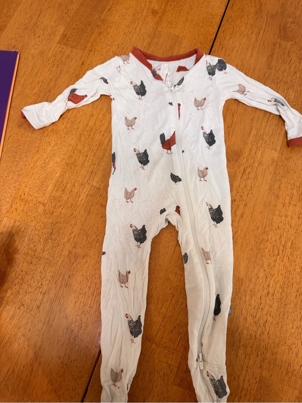 Kyte BABY White Chick Print Zip One-Piece with Rust Trim
